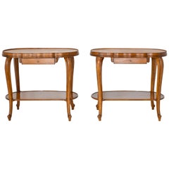 Vintage Pair of Italian Hollywood Regency Fruitwood Side Tables with Inset Marble Tops