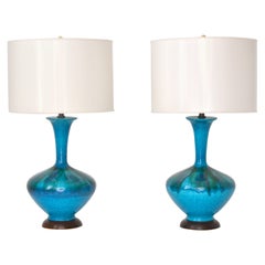 Pair of Mid-Century Blue Green Crackle Glazed Ceramic Jar Form Table Lamps