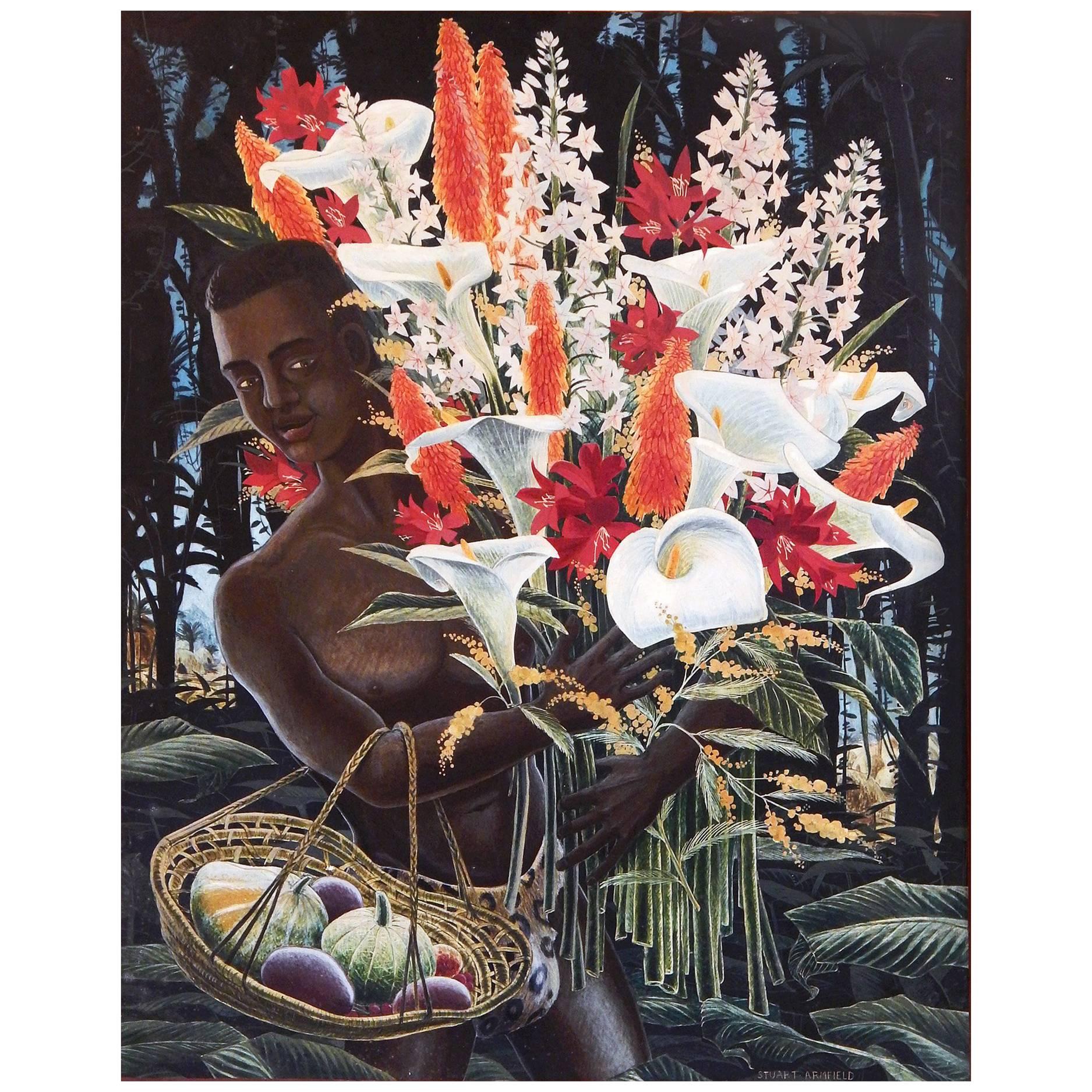 "African Youth with Gourds and Flowers," English Art Deco Painting, 1946