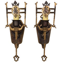 Antique 1920s Pair of Single Sconce with Shield Motif