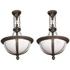 1 of 2 Outstanding Milk Glass and Bronze Pendant Lights 2