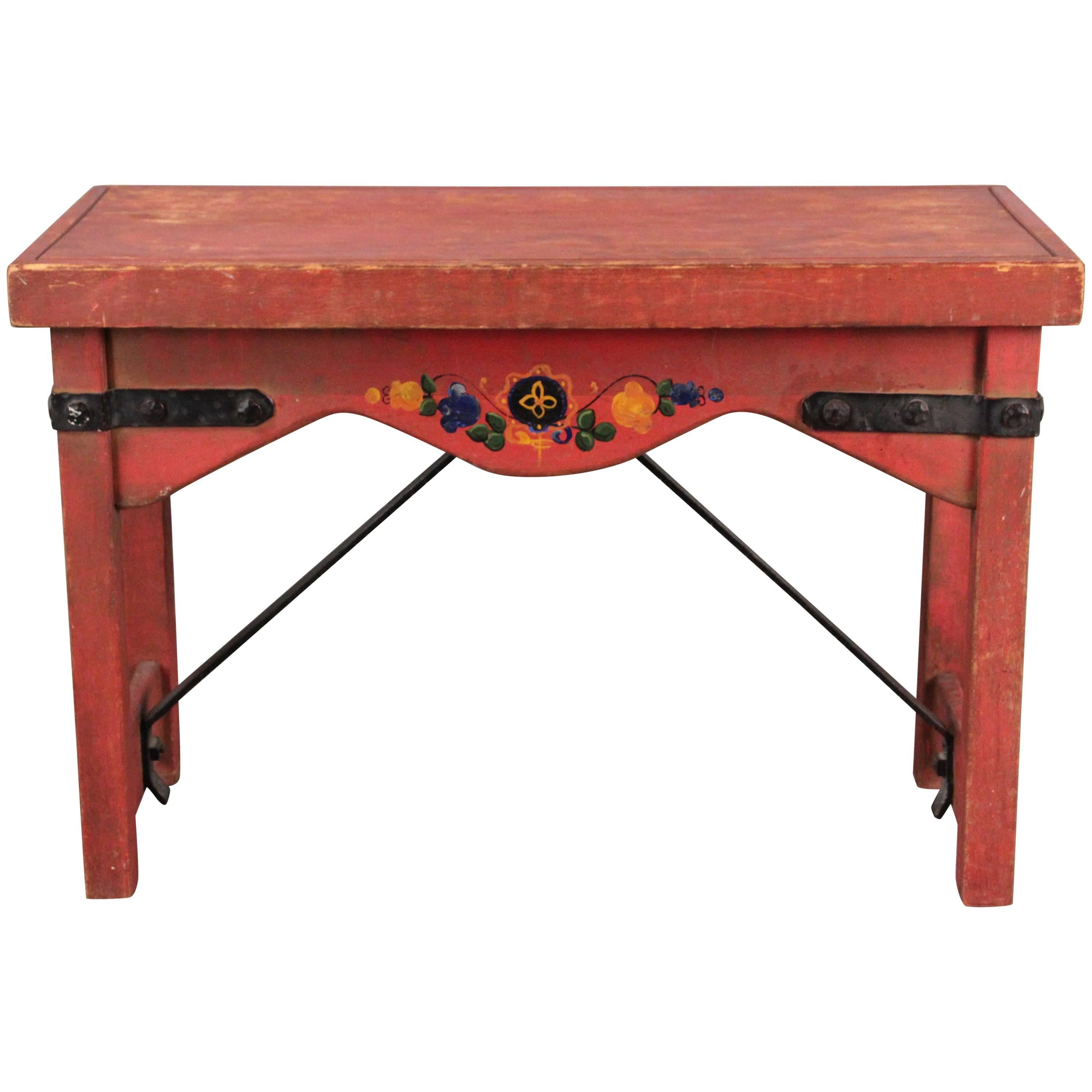 Tall Original Red Monterey Bench with Iron Stretcher