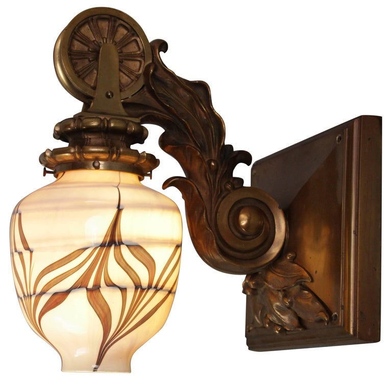 1 of 6 Exceptional Wall Mounted Deco Theater Bronze Sconce with Glass
