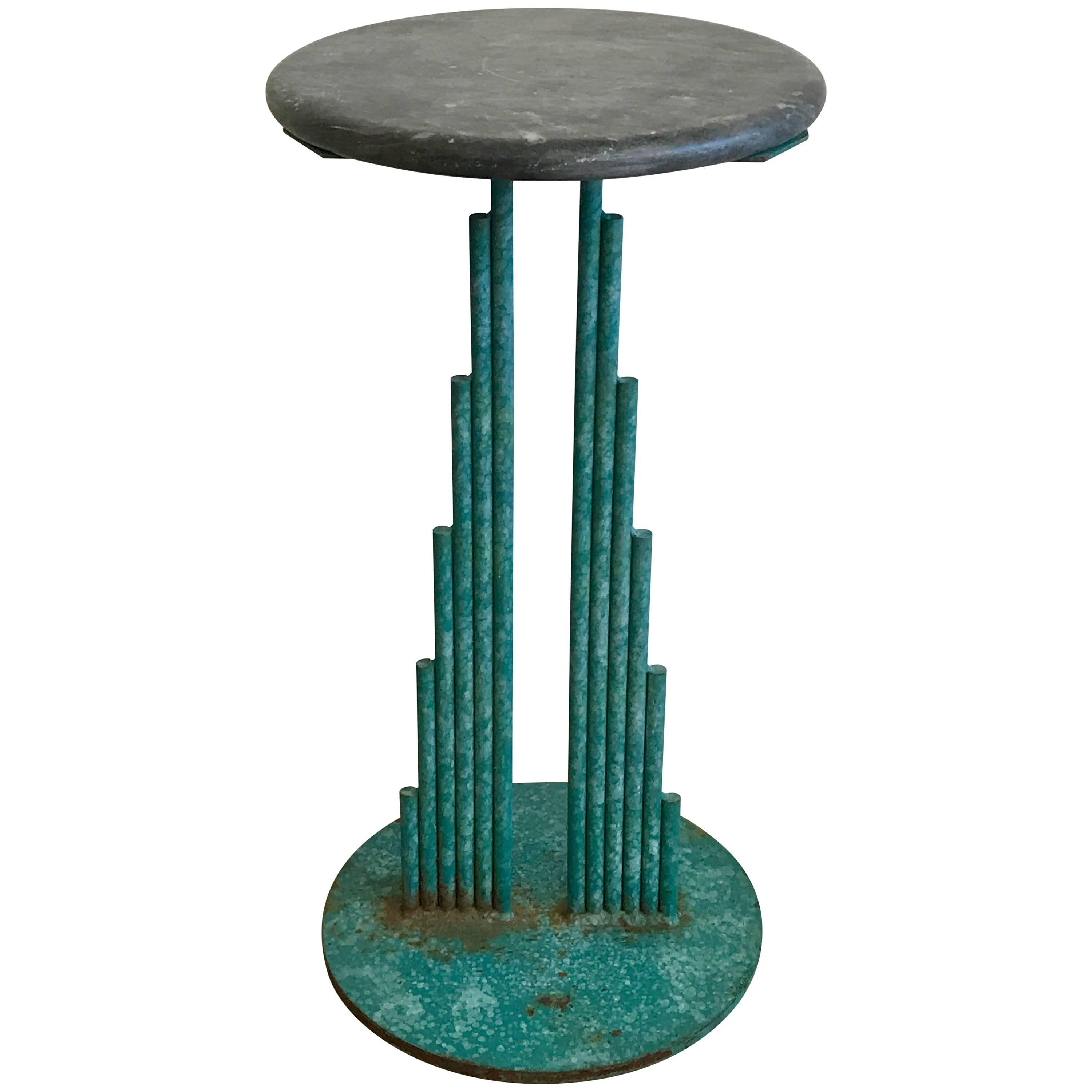  Curtis Jere Memphis Era Metal Side Table with Round Marble Top, 1987