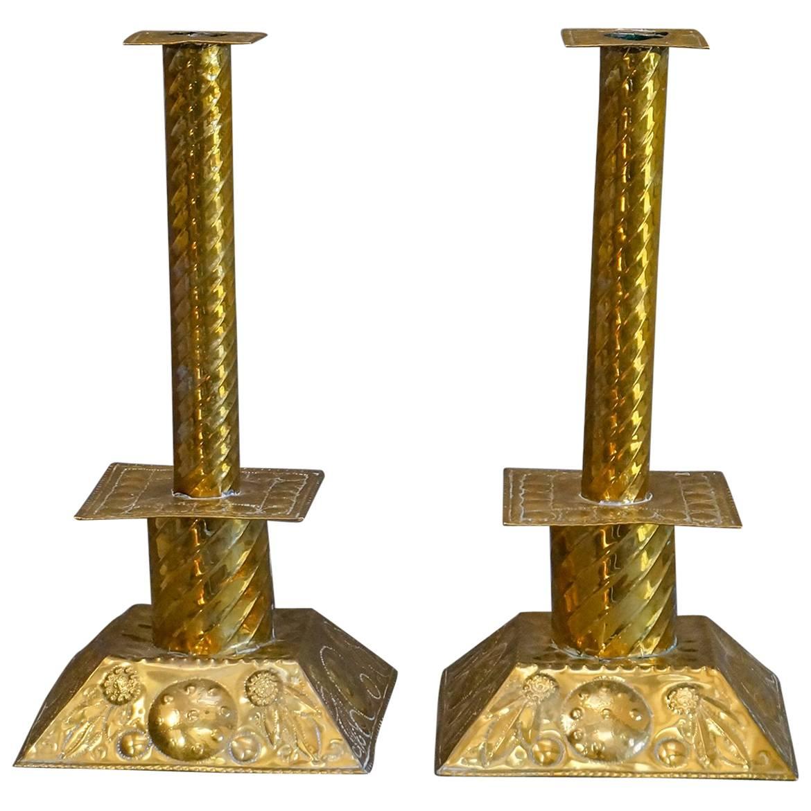 Pair of Swedish Brass Candlesticks For Sale