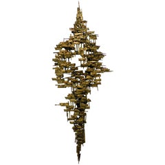 Brutalist Gilt Metal and Nail Mid-Century Modern Wall Sculpture
