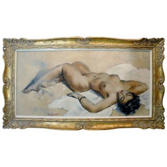 Midcentury Cesar Vitol French Nude Oil Painting Seductive Pin-Up