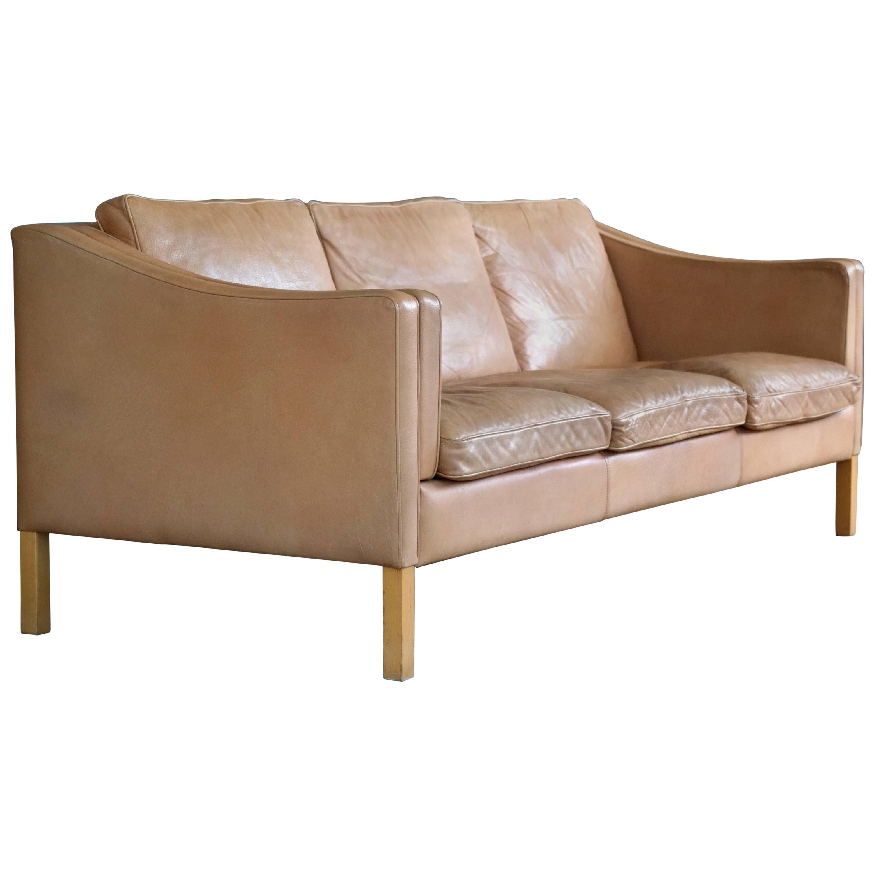 Børge Mogensen Style Three-Seat Sofa Model 2213 in Tan Leather by Stouby Mobler