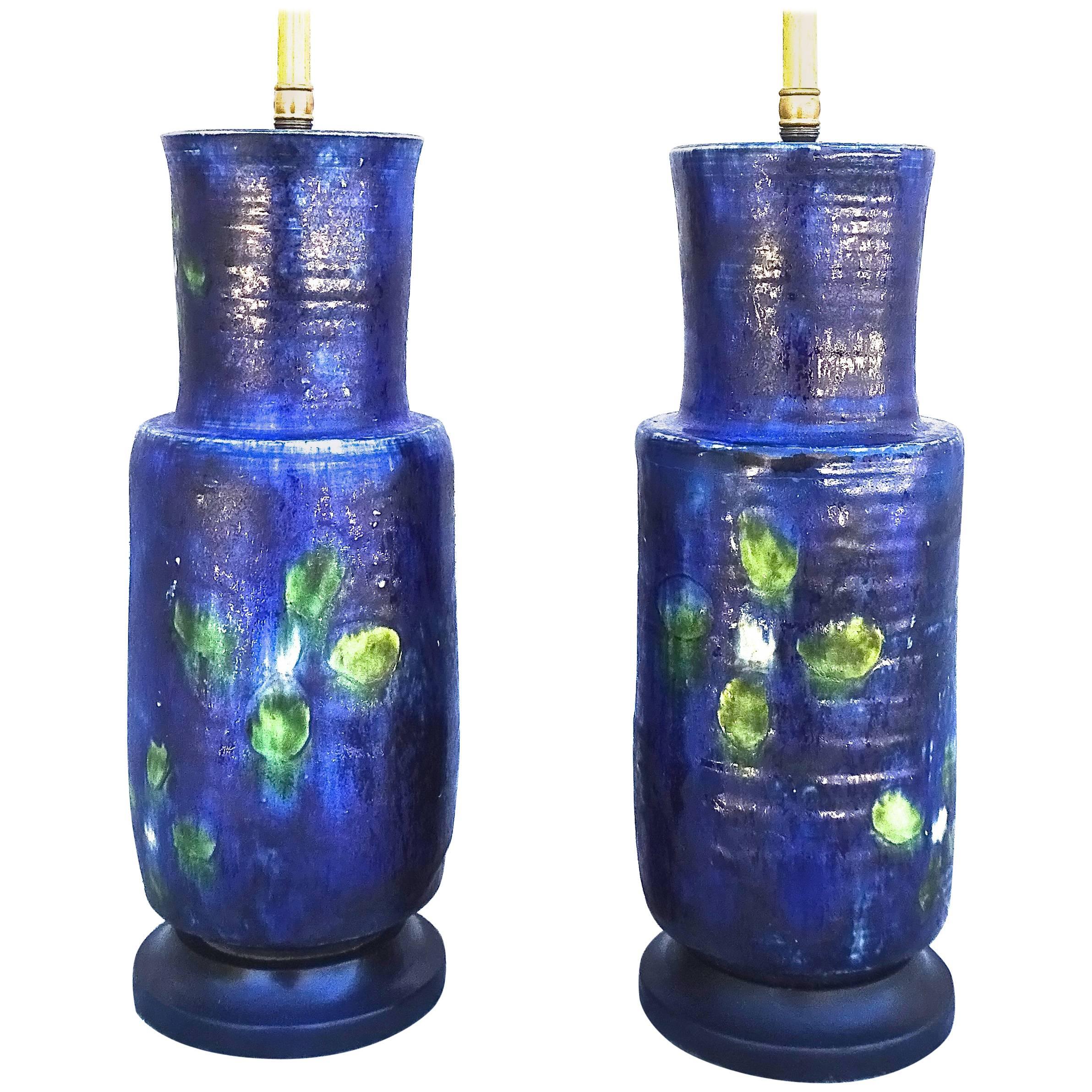 Vibrant Pair of 1950s French Art Pottery Table Lamps For Sale