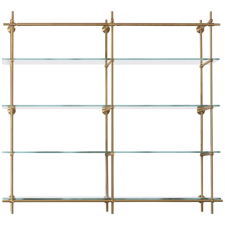 Amuneal's Wall Mounted Collector's Shelving in Warm Brass with Glass