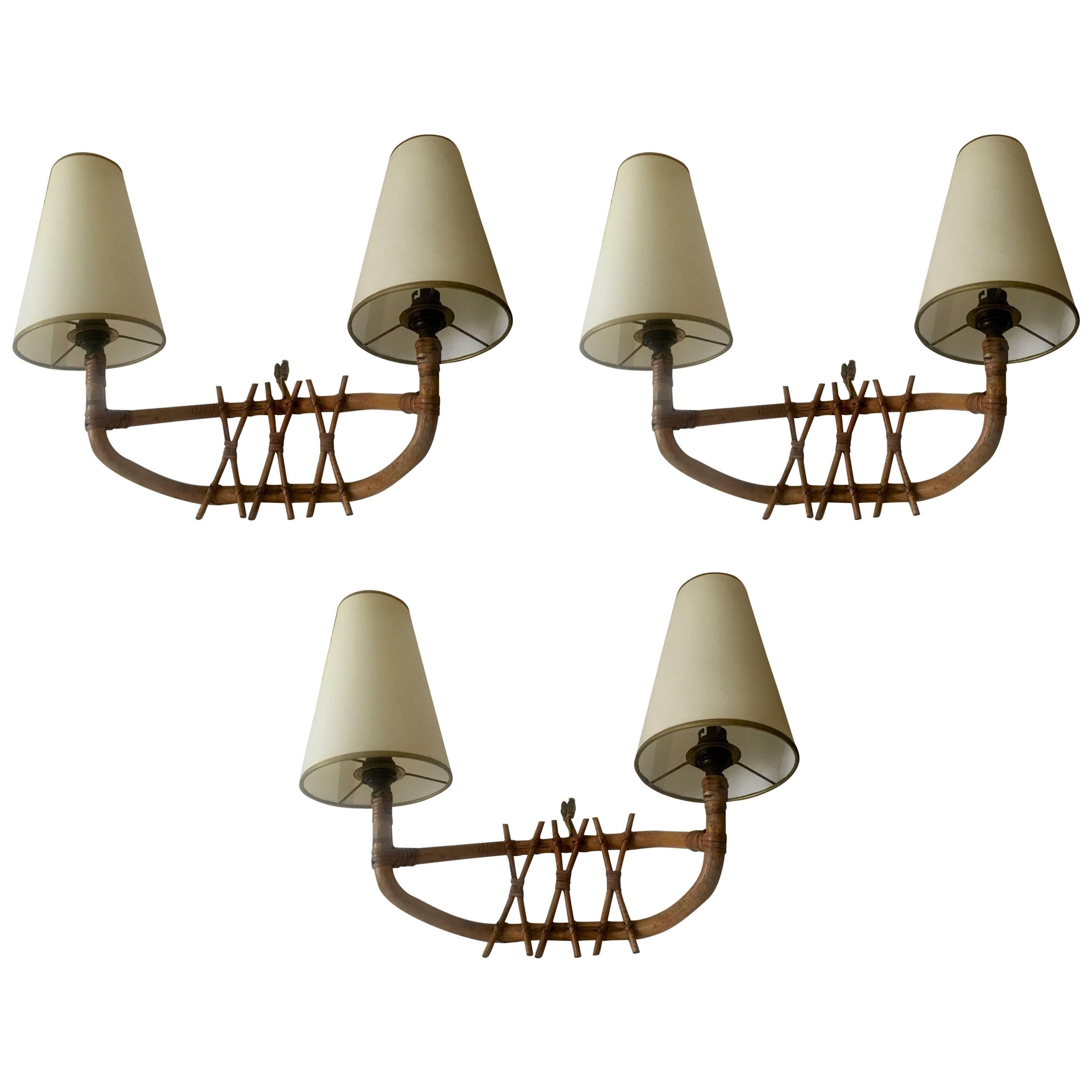 French Riviera Charming Two Lights Set of Three Bamboo Sconces For Sale