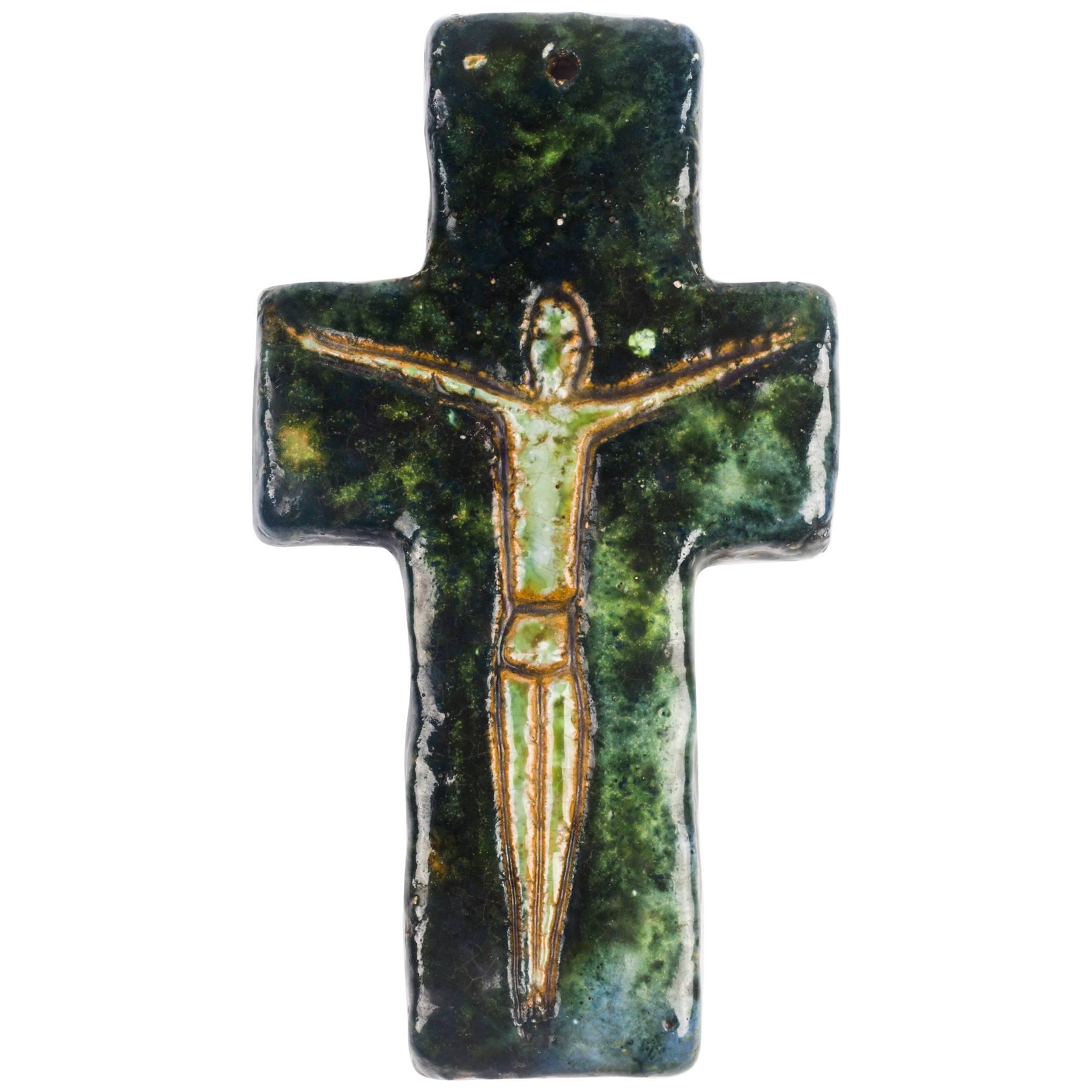 Wall Crucifix in Ceramic, Hand-Painted, Green, Brown, Made in Belgium, 1970s