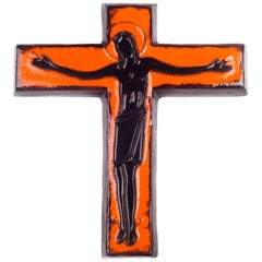 Wall Crucifix in Ceramic, Hand-Painted, Orange, Black, Made in Belgium, 1970s 5