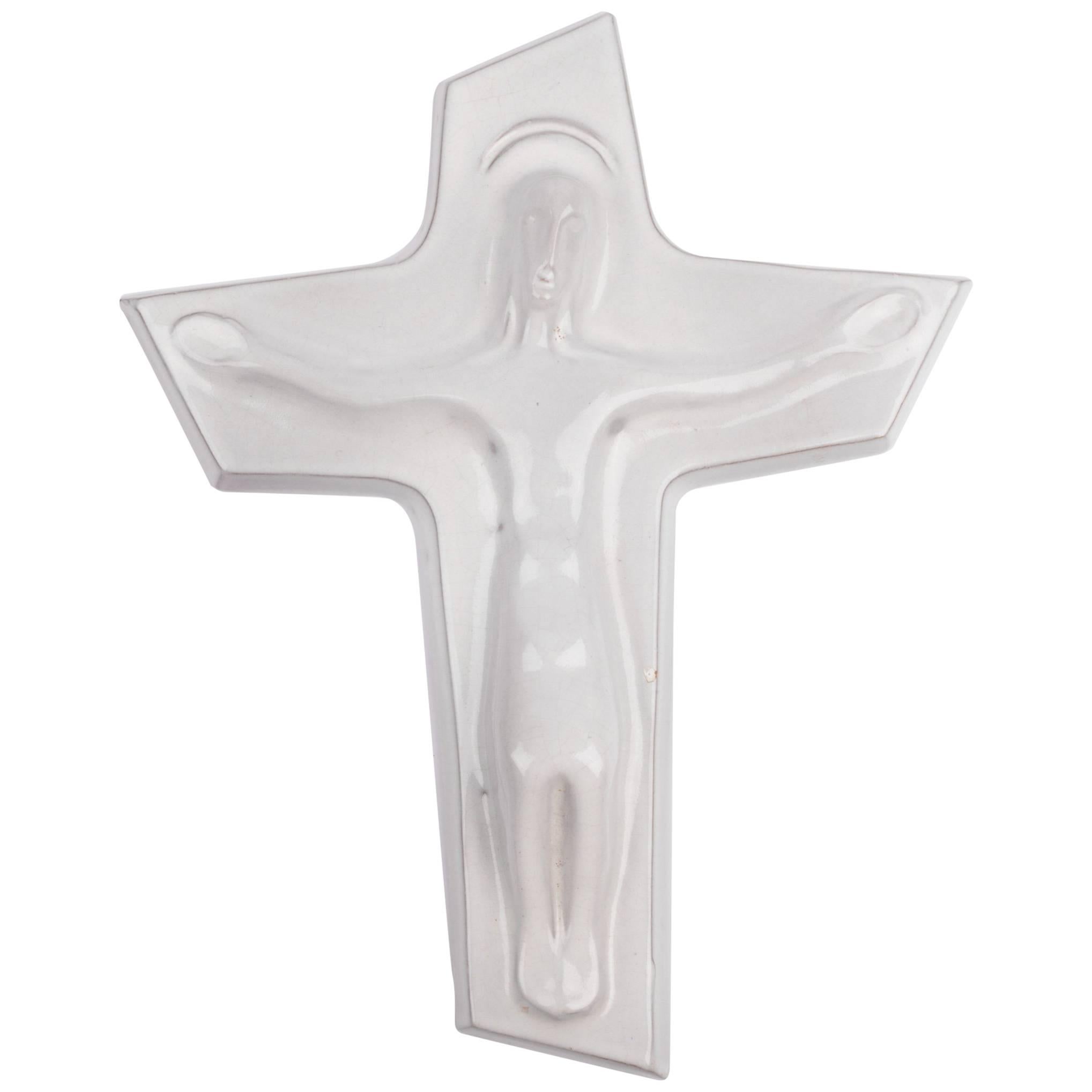 Wall Crucifix in Glazed Ceramic, Hand-Painted, White, Made in Belgium, 1950s For Sale
