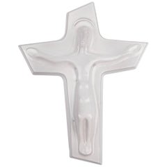 Retro Wall Crucifix in Glazed Ceramic, Hand-Painted, White, Made in Belgium, 1950s