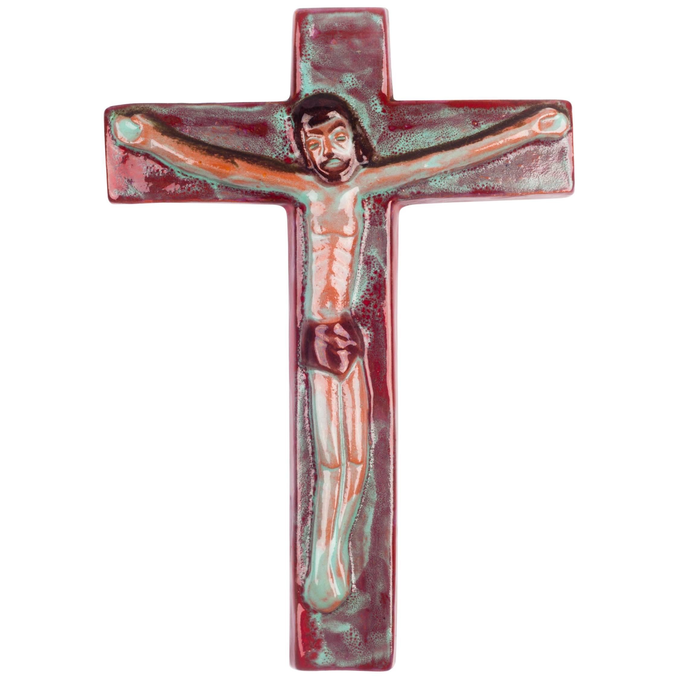 Wall Crucifix in Ceramic, Hand-Painted, Burgundy, Teal, Made in Belgium, 1960s