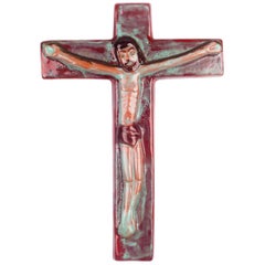 Wall Crucifix in Ceramic, Hand-Painted, Burgundy, Teal, Made in Belgium, 1960s