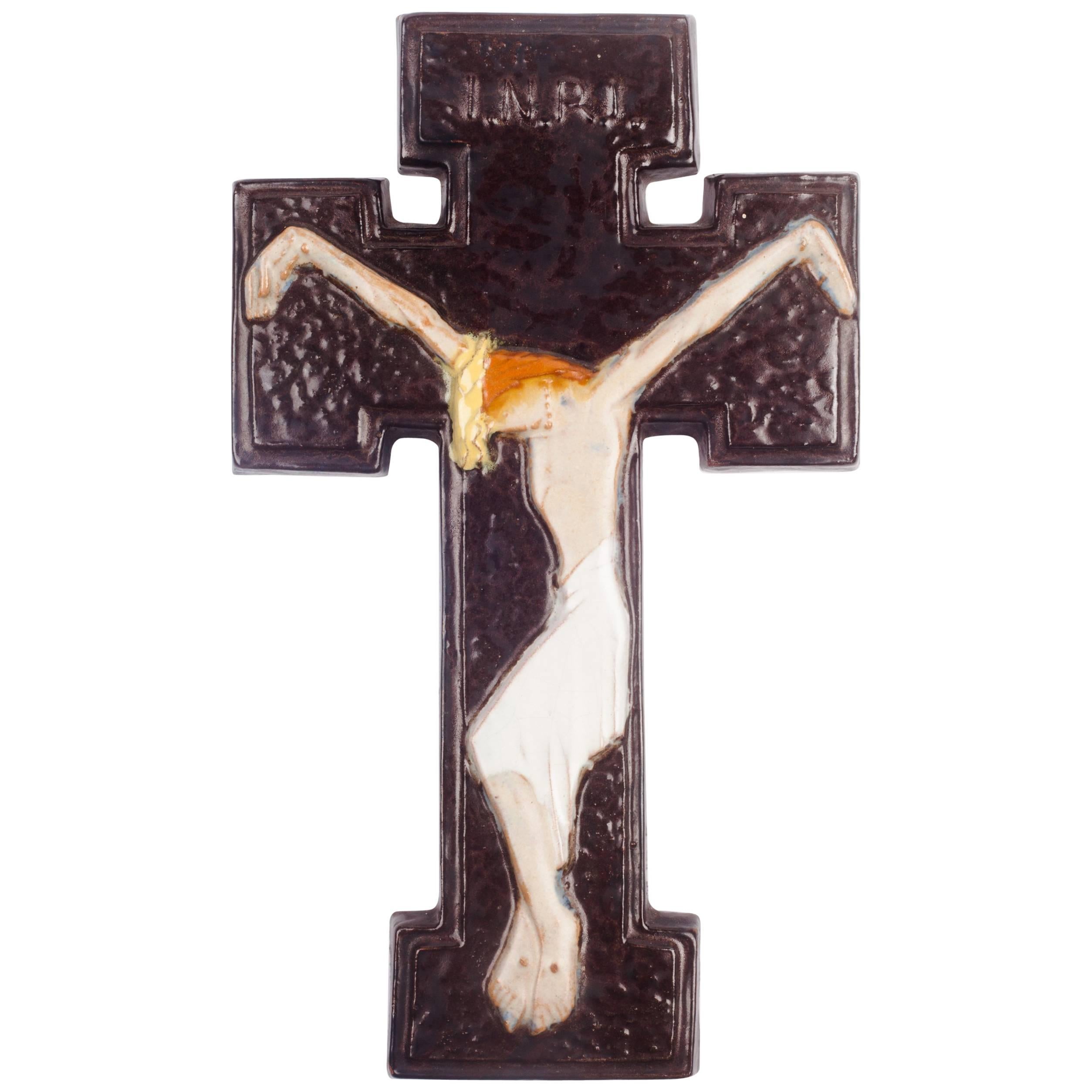 Wall Crucifix in Ceramic, Hand-Painted, Orange, Brown, Made in Belgium, 1970s