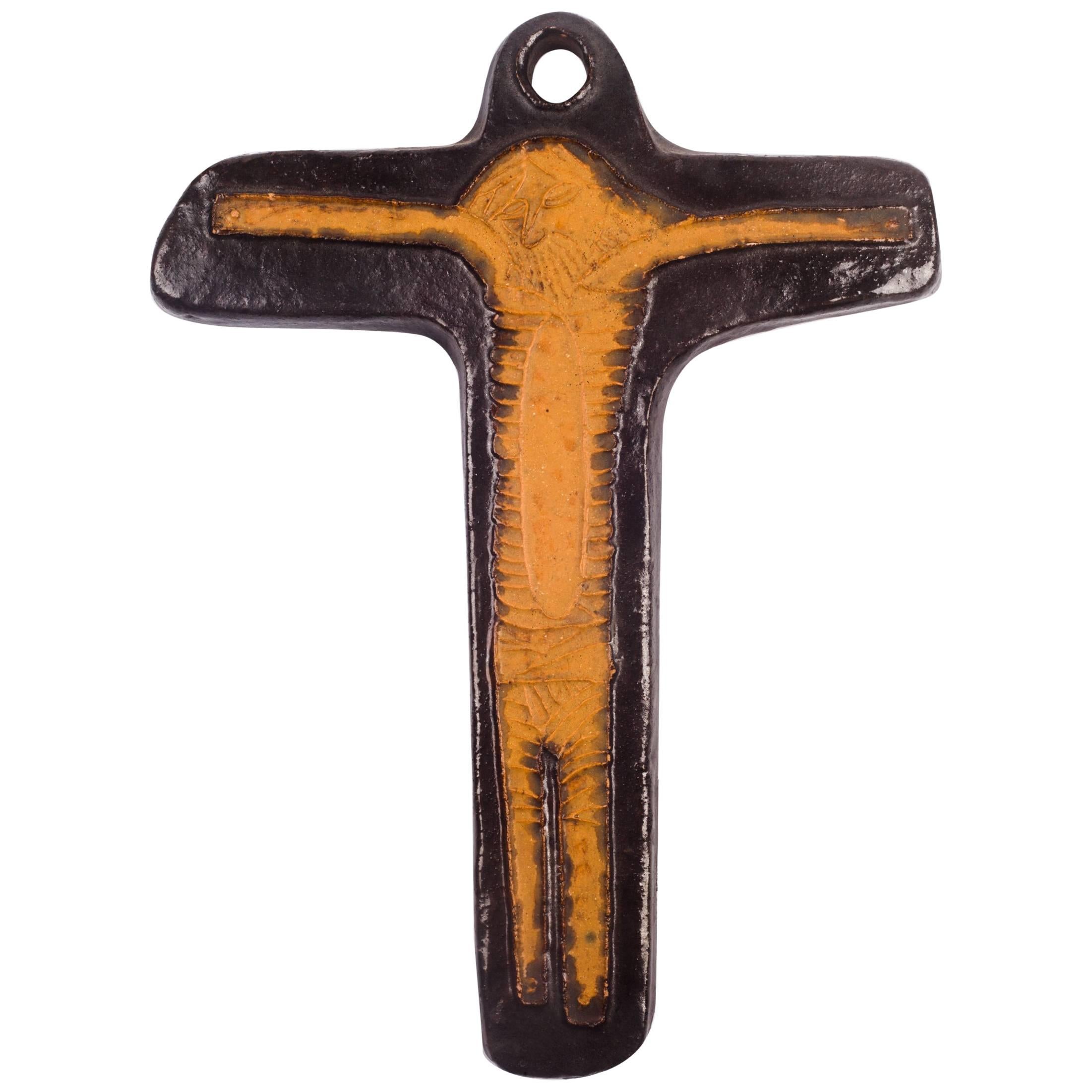 Wall Crucifix in Ceramic, Hand-Painted, Brown, Sienna, Made in Belgium, 1982 For Sale