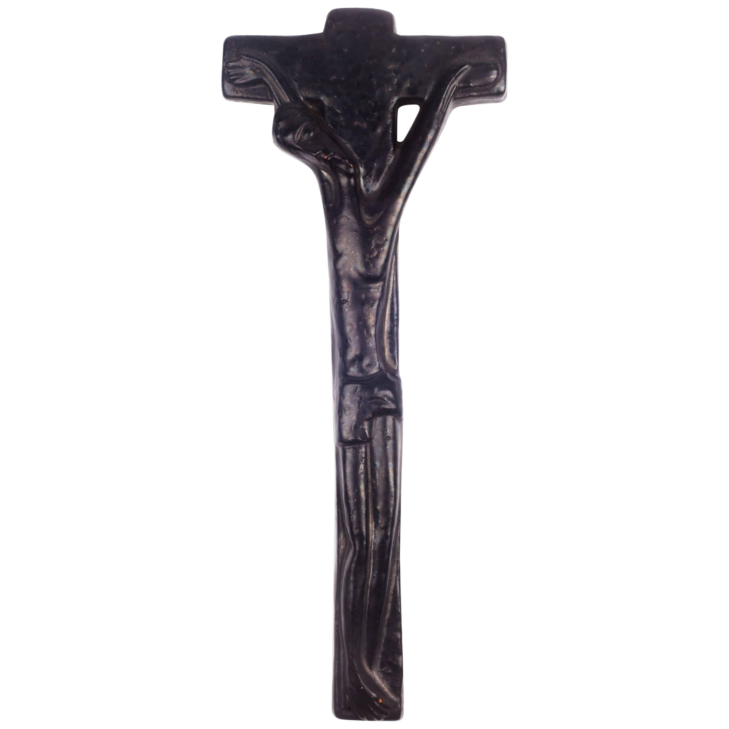 Wall Crucifix in Glazed Ceramic, Black, Made in Belgium, 1950s For Sale
