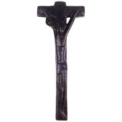 Retro Wall Crucifix in Glazed Ceramic, Black, Made in Belgium, 1950s