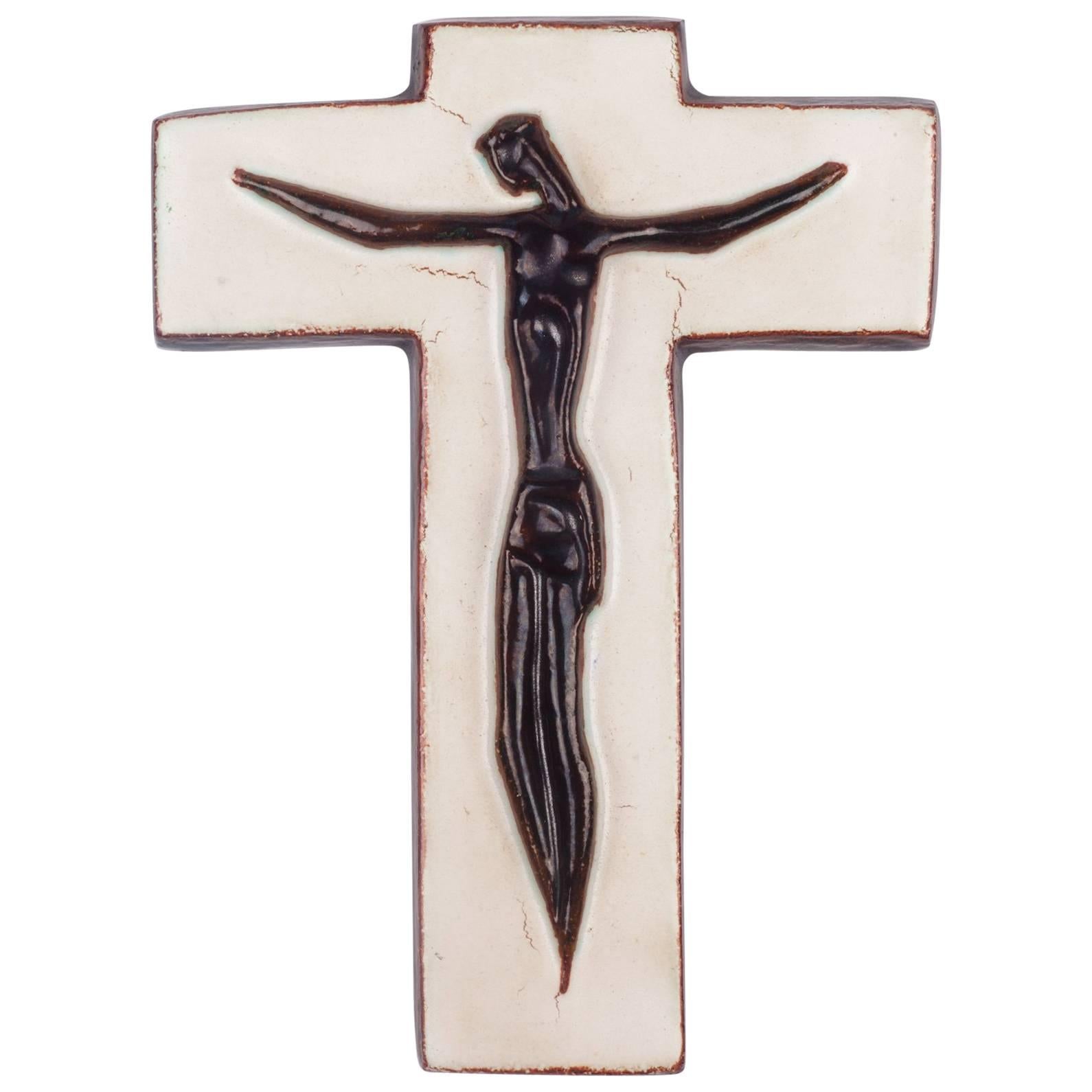 Wall Crucifix, Ceramic, Hand-Painted, White, Brown, Made in Belgium, 1950s
