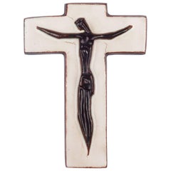 Wall Crucifix, Ceramic, Hand-Painted, White, Brown, Made in Belgium, 1950s