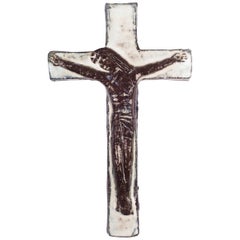 Wall Crucifix in Ceramic, Hand-Painted, White, Brown, Made in Belgium, 1950s