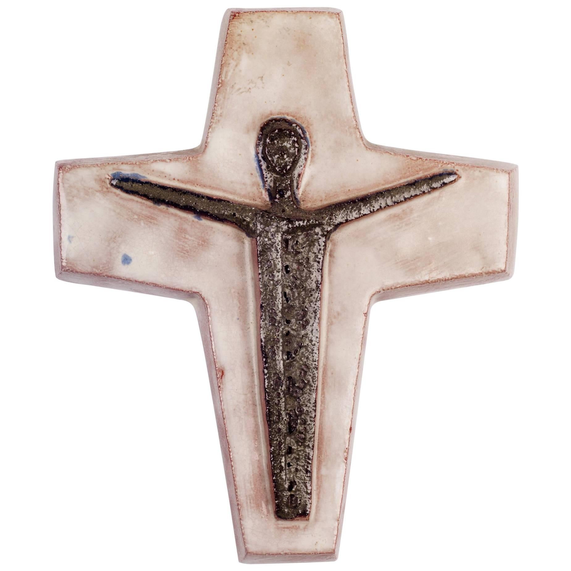 Wall Crucifix, Hand-Painted Ceramic White, Brown, Fat Lava, Belgium, 1970s For Sale