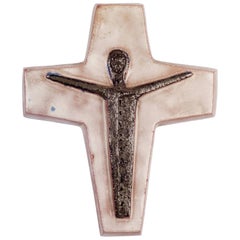 Vintage Wall Crucifix, Hand-Painted Ceramic White, Brown, Fat Lava, Belgium, 1970s