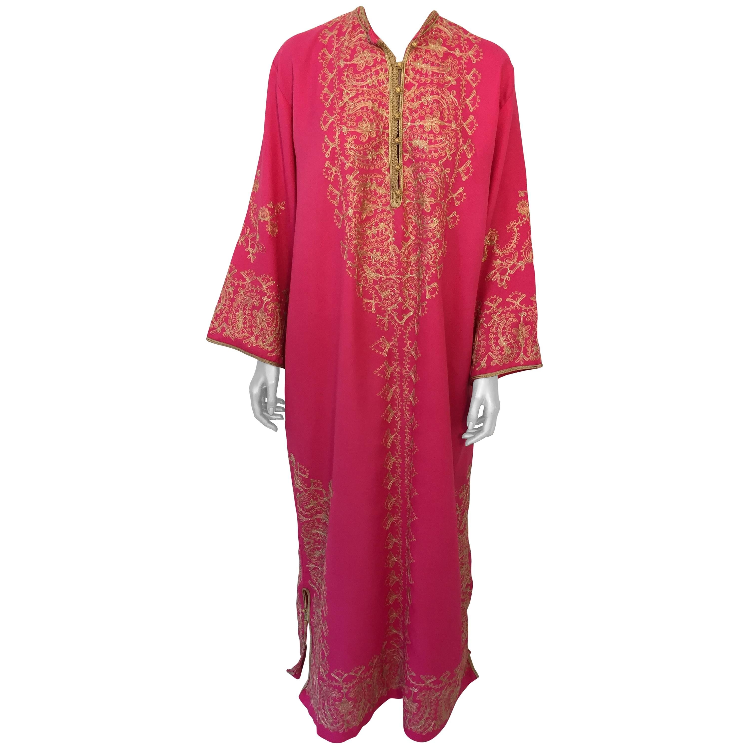 Moroccan Caftan Hot Pink with Gold Embroideries Size L