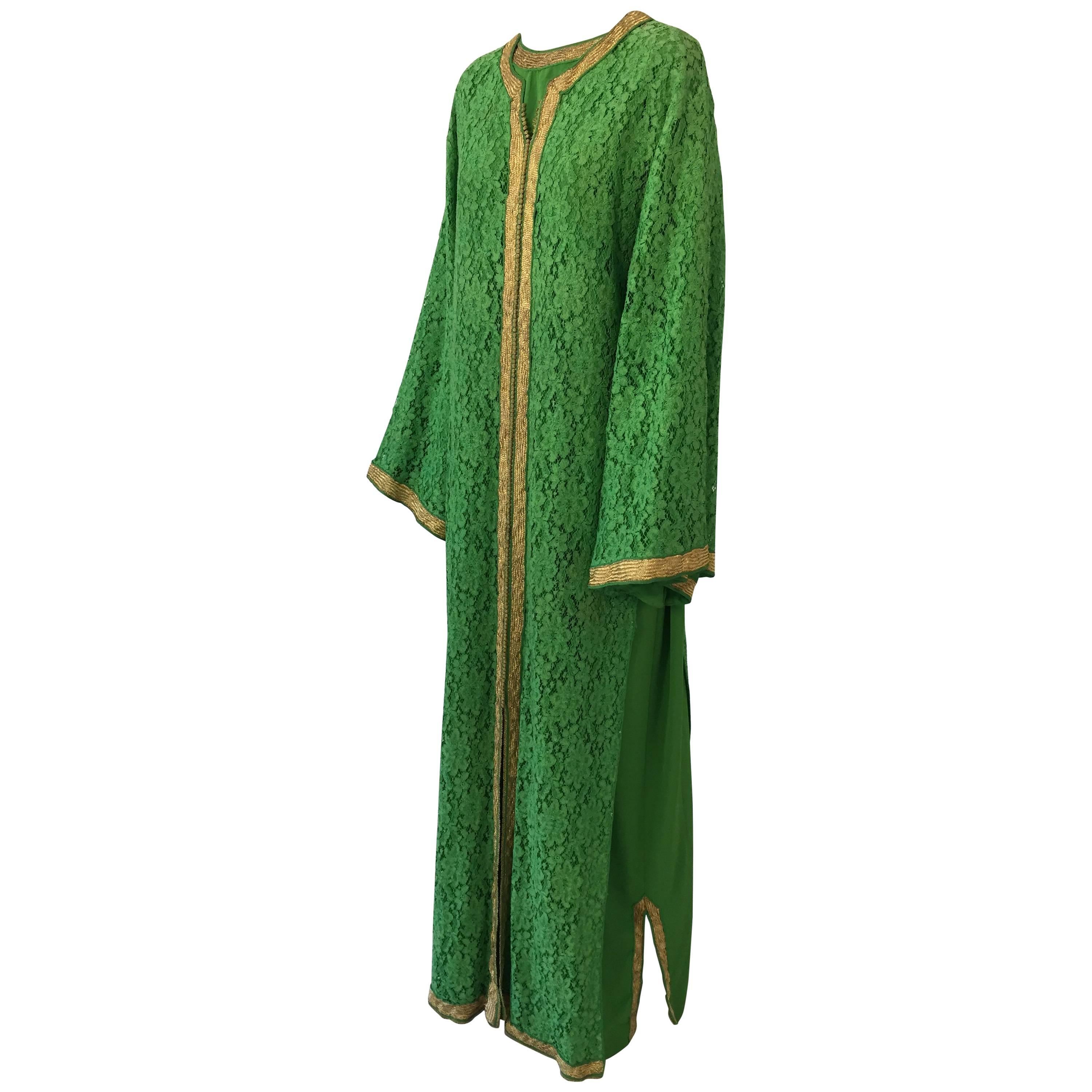Moroccan Emerald Green Lace and Gold Trim Caftan Set
