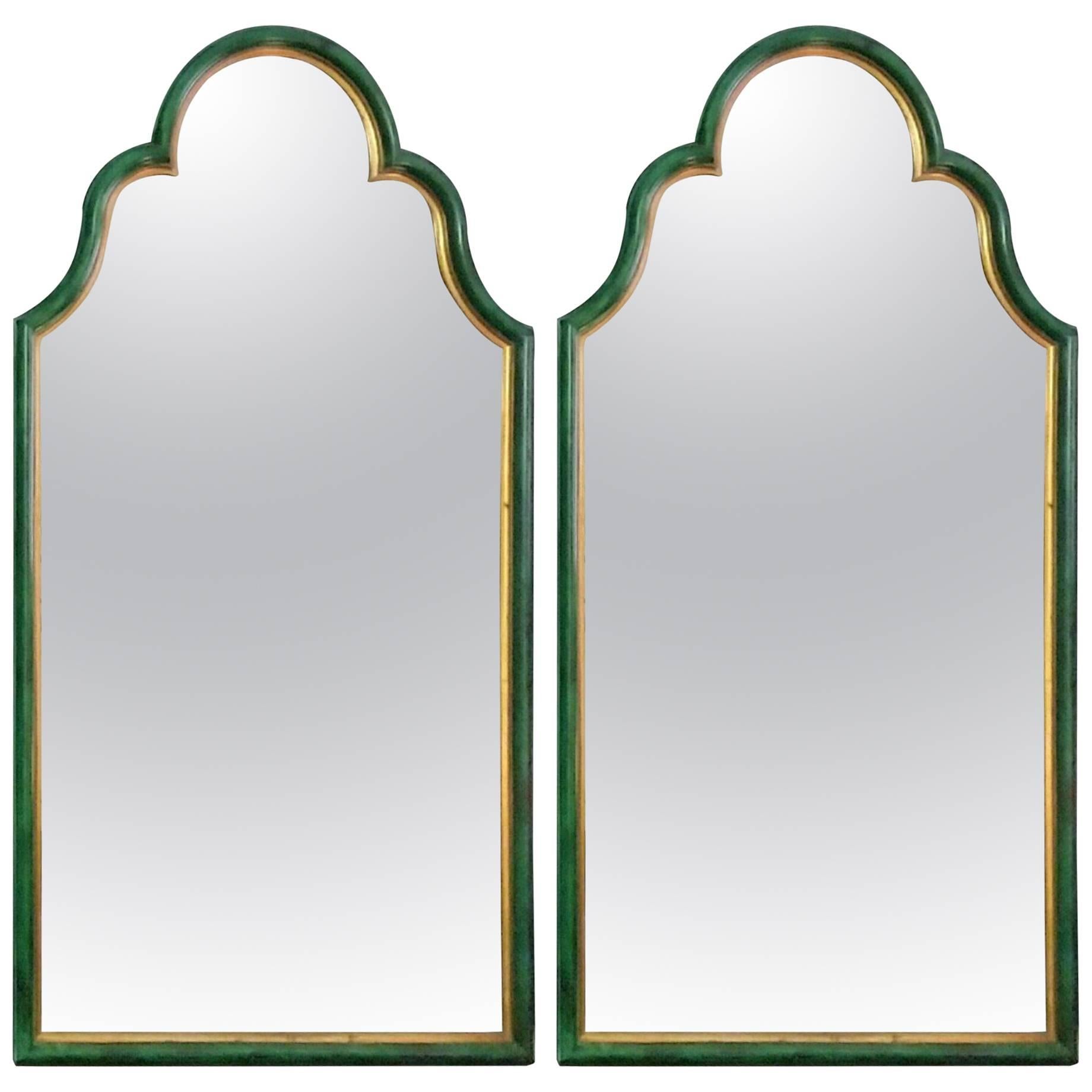 Pair of Mid-Century Wooden Mirrors with Faux Malachite and Gold Trim