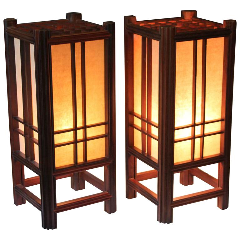 Pair of Vintage Japanese Electric Lantern Lamps Prairie School Mission