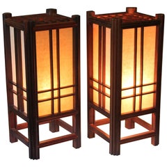 Pair of Vintage Japanese Electric Lantern Lamps Prairie School Mission Rosewood