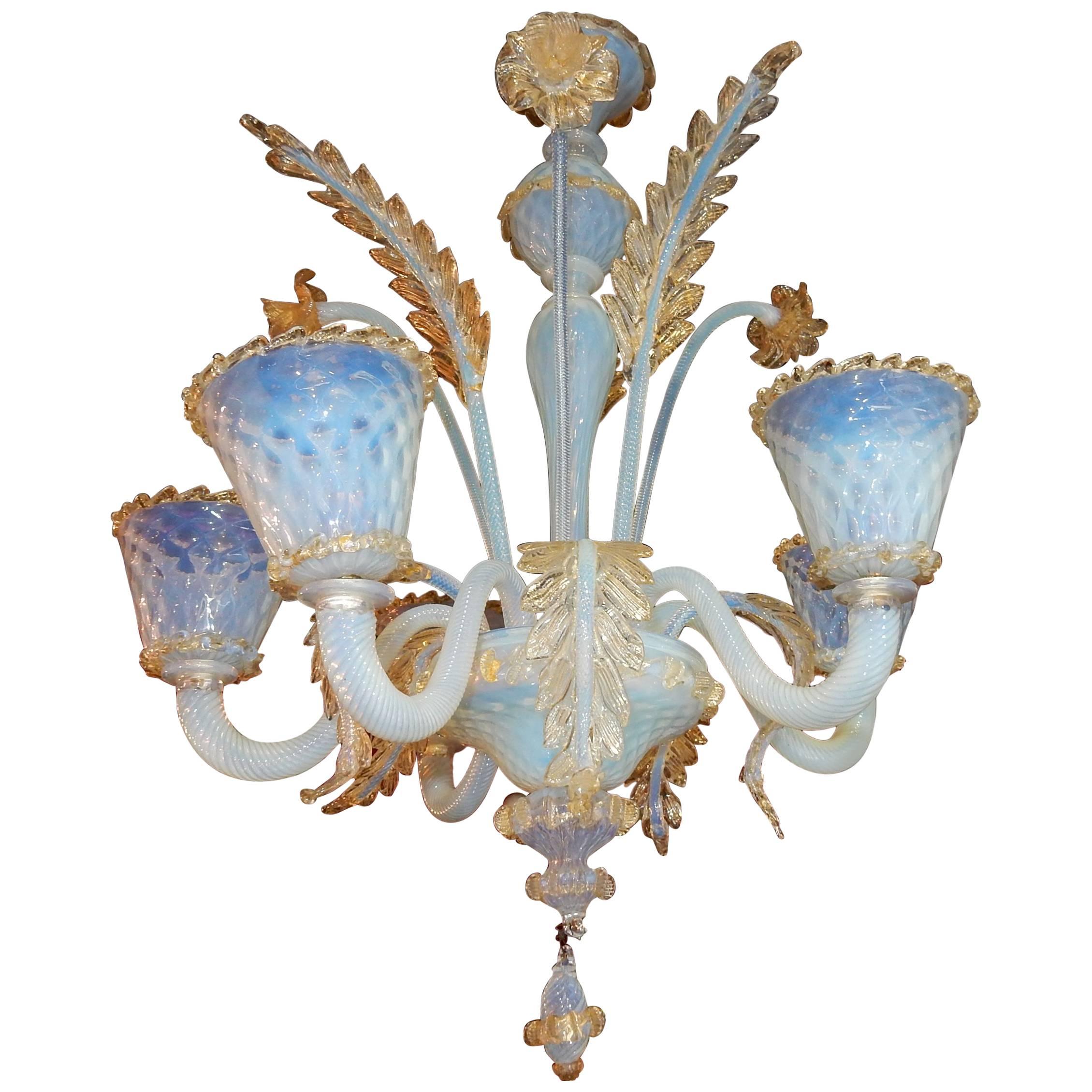 1950 Chandelier Murano Blue Opalescent Color with Gold Included, Five Lights