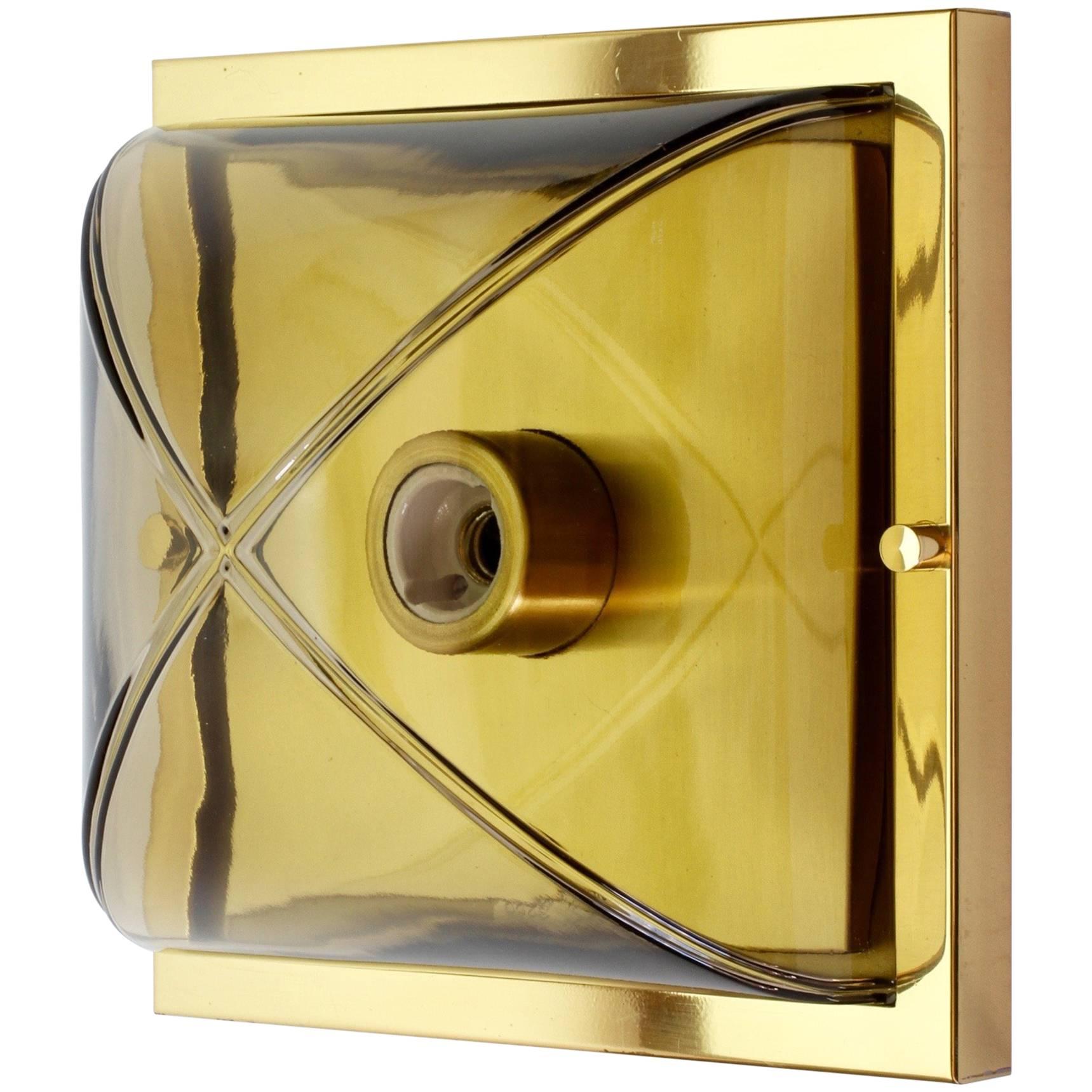 Segmented Smoked Topaz Glass and Brass Flush Mount Vanity Sconce by Limburg 