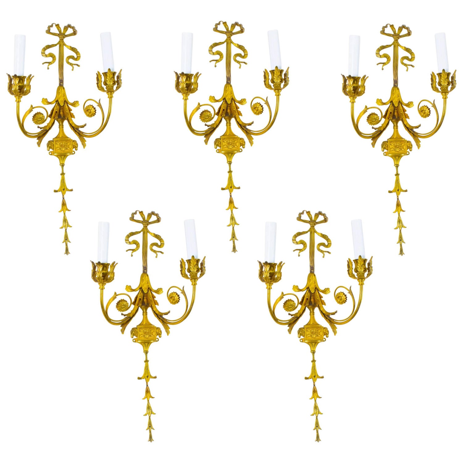 Antique Set Of Five English Sheraton Style Ormolu Wall Lights, Antique Set Of Five English Sheraton Style Ormolu Wall Lights,