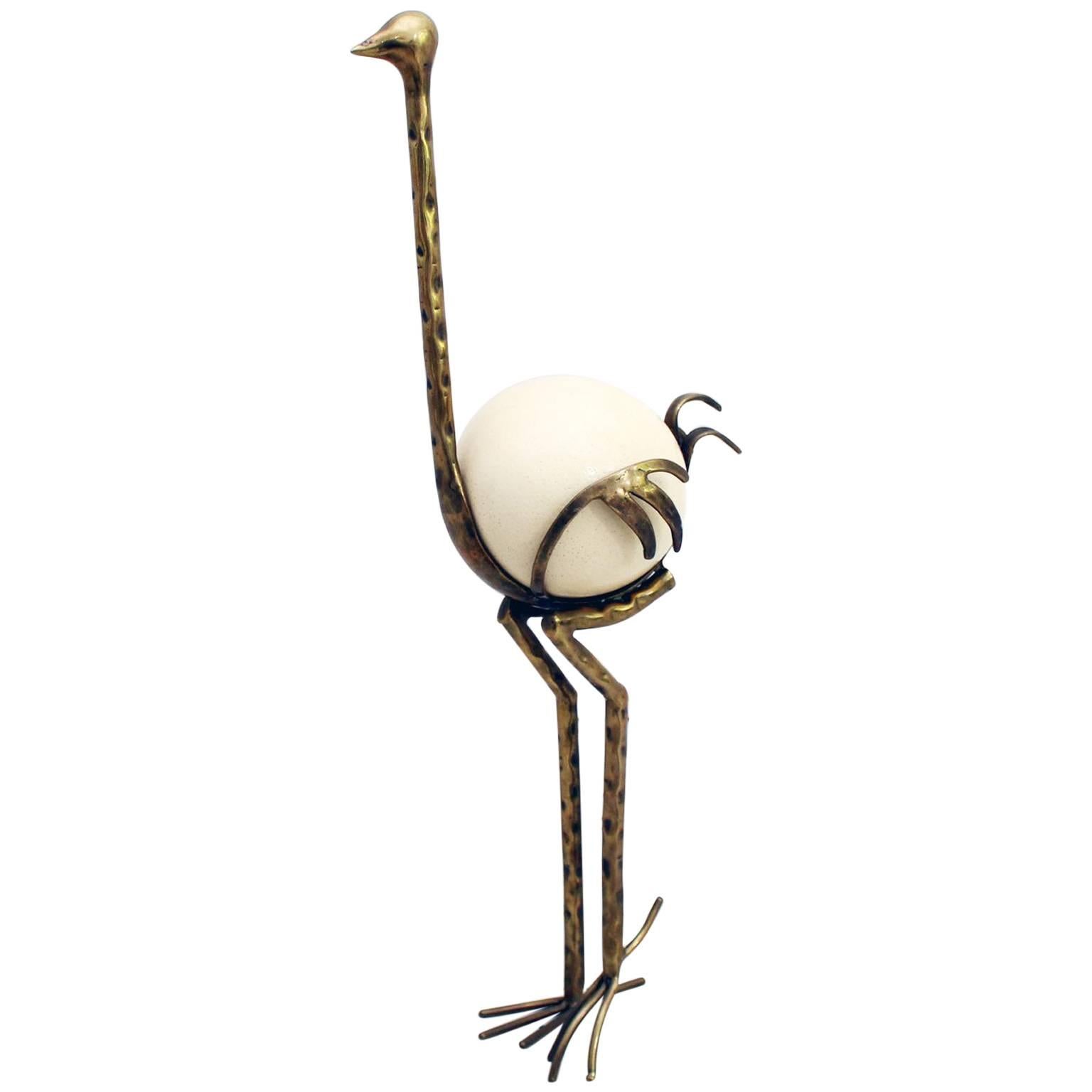 French 1970s Brass Ostrich Sculpture with Ostrich Egg