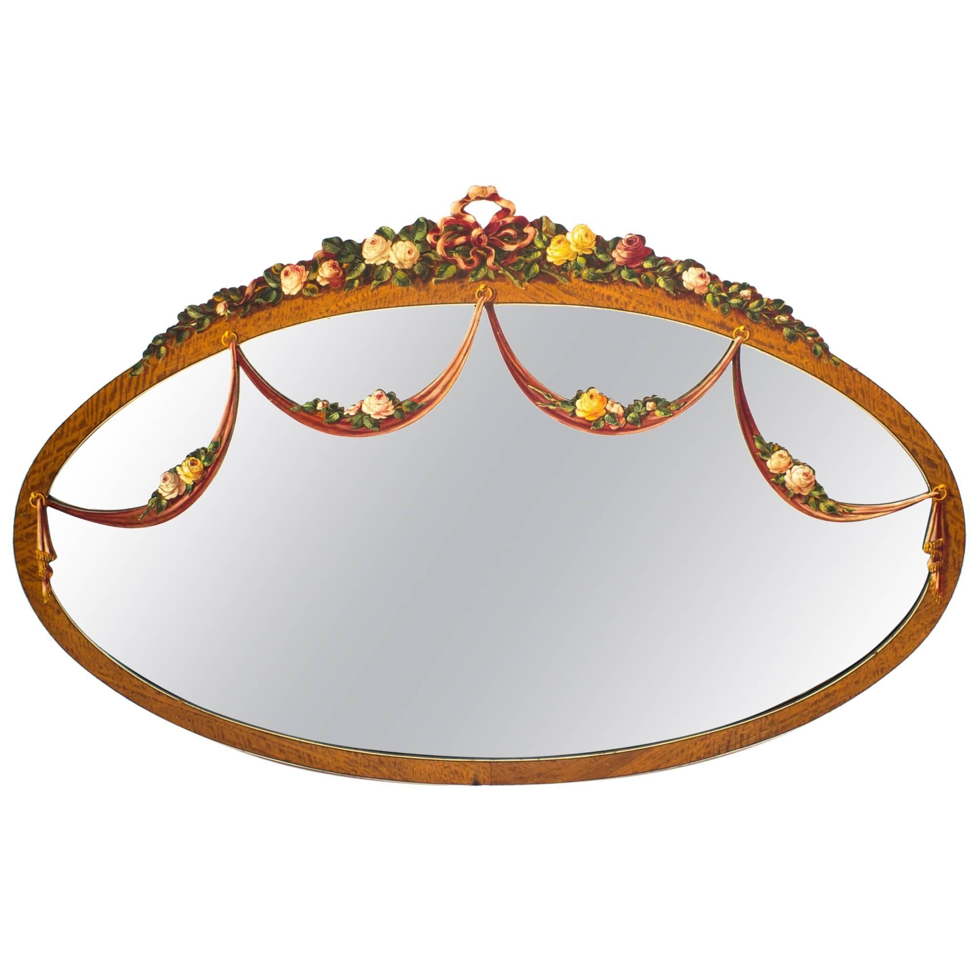 19th Century Victorian Satinwood Oval Hand-Painted Mirror