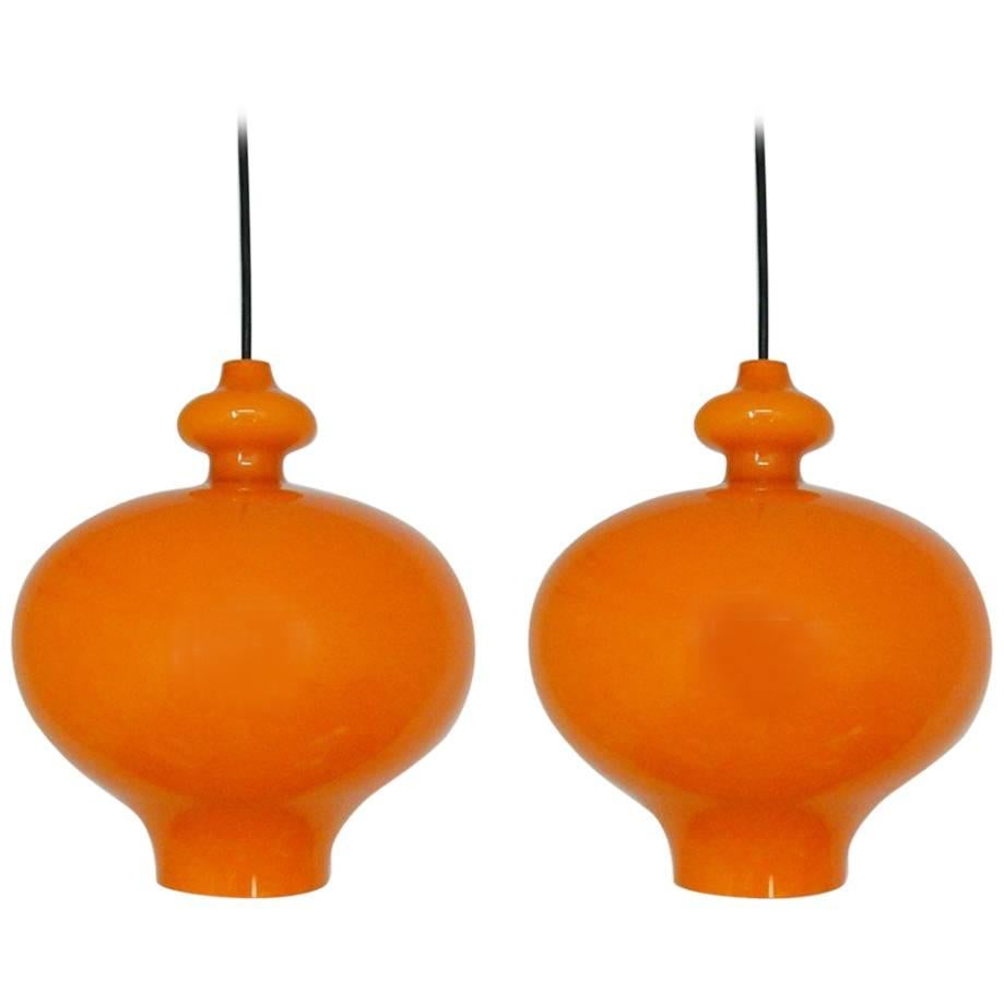 Set of Two Orange Glass Pendant Lights by Hans-Agne Jakobsson, Sweden, 1960s