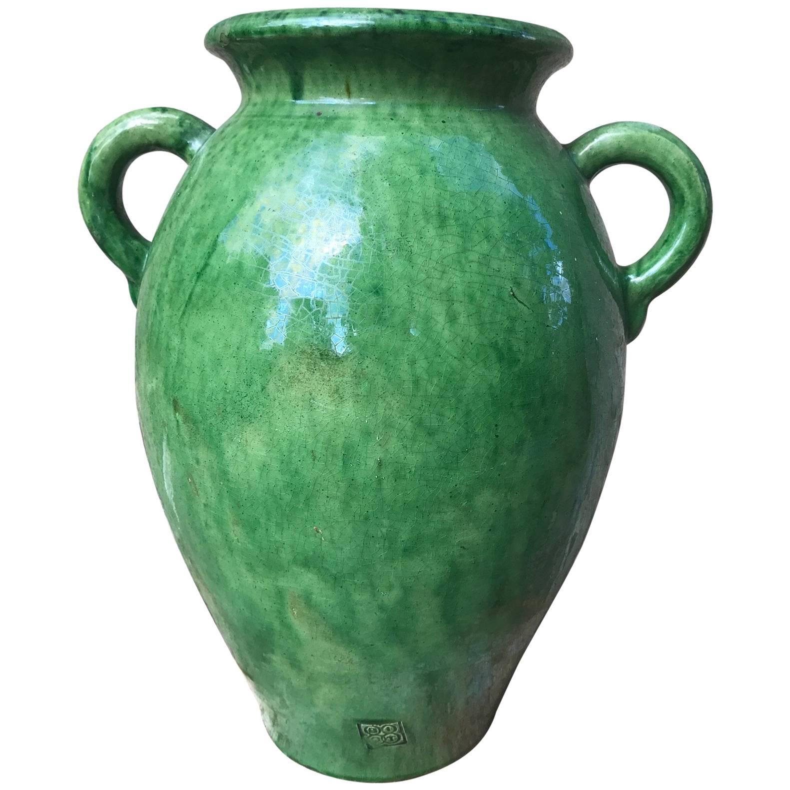 Tall Green Glazed Ceramic Vase Signed Biot