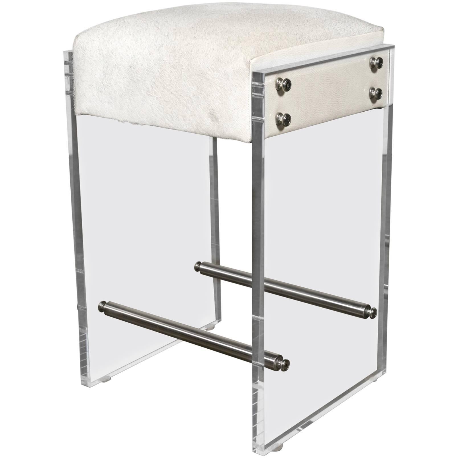 Gigi Lucite and Hide Counter Stool with Foot Rests