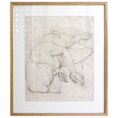 Vintage French Charcoal Drawing on Paper Nude Study