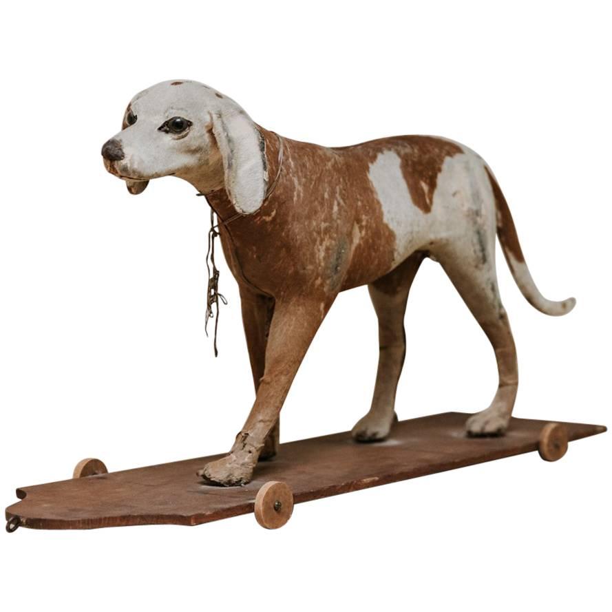 Early 20th Century Childs Toy, Ponyhair Dog on Wheels