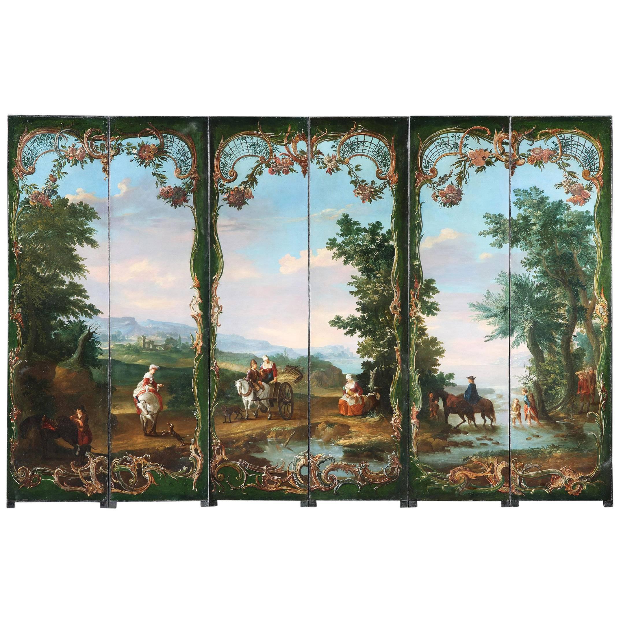 18th Century Painted Six Panelled Screen Depicting an European Landscape