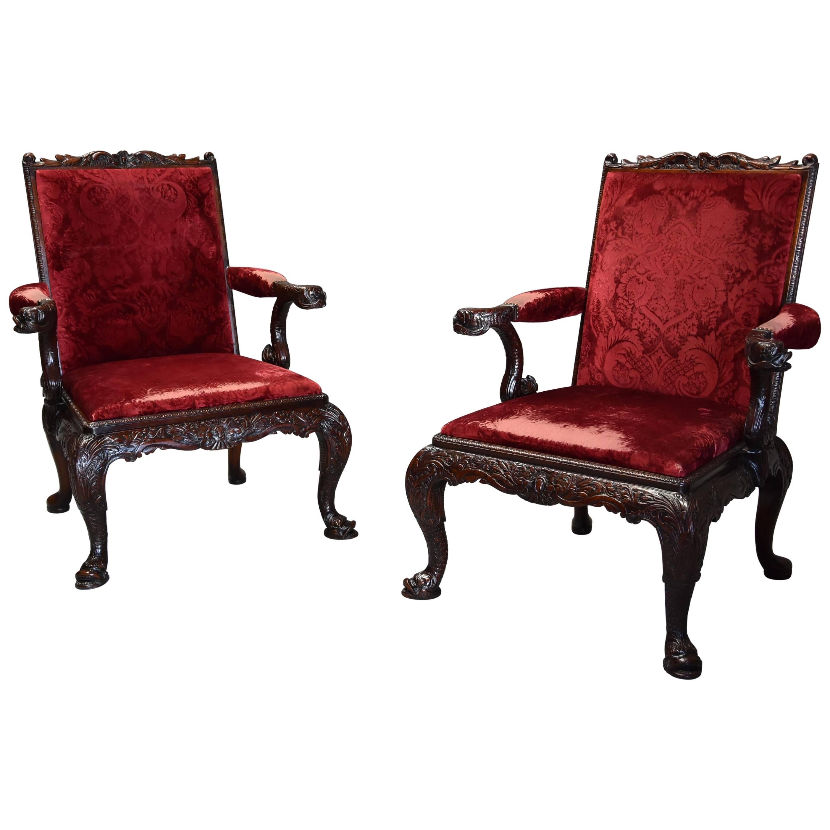 Pair of Late 19th Century George II Style Mahogany Gainsborough Armchairs For Sale