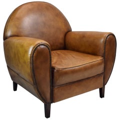 Vintage Art Deco Style Light Brown Leather Lounge or Armchair