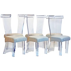 Set of Six Mid-Century, Sculptural Lucite High Back Dining Room Chairs with Silk 4