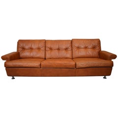 Mid-Century Retro Vintage Danish Tan Brown Leather Three-Seat Sofa Settee, 1970s